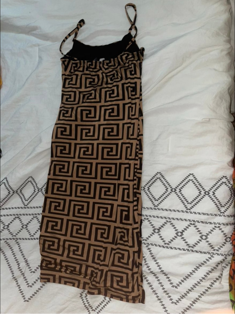 Brown Geometric Print Dress with Black Waistband